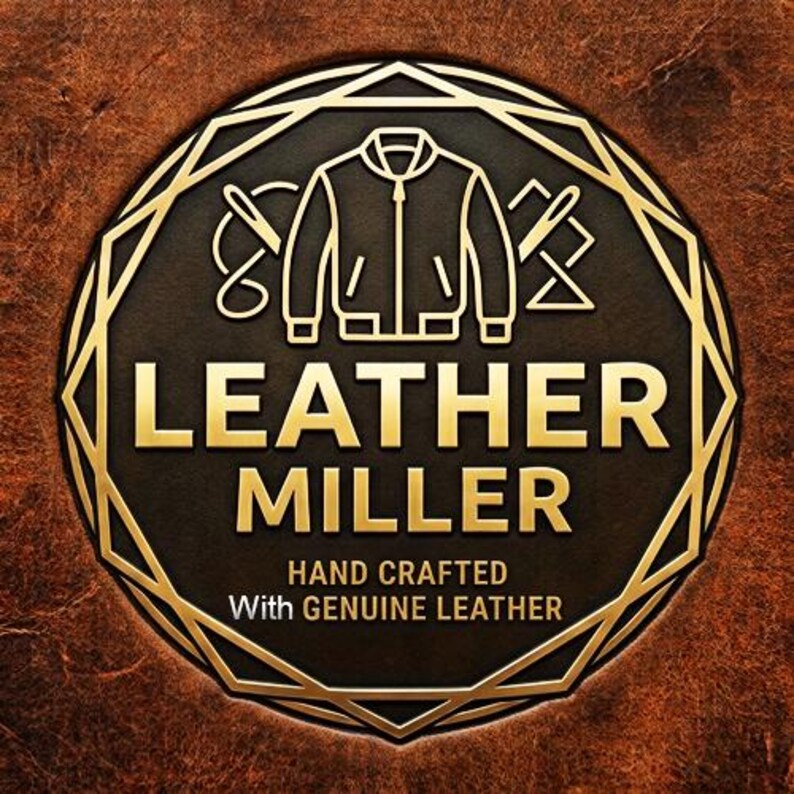 May include: A circular logo with a dark brown textured background featuring a gold outline of a jacket, needles, and thread. The text reads LEATHER MILLER, HAND CRAFTED, and With GENUINE LEATHER in gold lettering, enclosed by a geometric gold border.