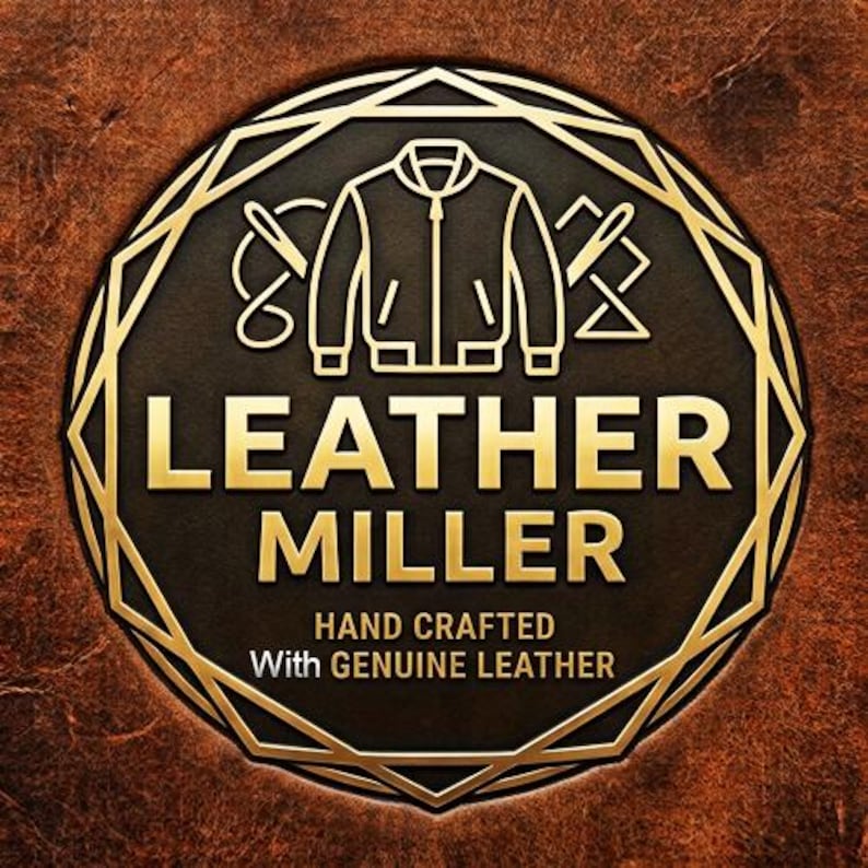 May include: A circular logo with a dark brown textured background featuring a gold outline of a jacket and sewing needles. The text reads LEATHER MILLER in gold, with HAND CRAFTED With GENUINE LEATHER printed below in a smaller gold font.