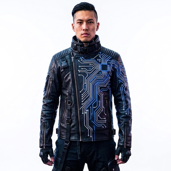 Handmade Mens Sheep Leather Jacket | Cyberpunk Circuit Embroidery Biker Coat | Techwear Glow Pattern Cosplay Sci Fi Jacket | Gift For Him