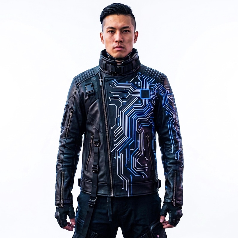 May include: A black leather jacket featuring an asymmetrical front zipper, a high collar with a buckle strap, and a blue circuit board graphic print on the front panel. The jacket includes ribbed shoulder detailing, multiple zippers, and straps.