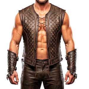 May include: A brown leather vest featuring a textured scale pattern and a front lace-up closure with thin leather cords, paired with matching brown leather forearm bracers that have claw-like accents at the knuckles and adjustable buckle straps.