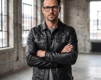 Schwarze Herren-Truckerjacke aus Leder, gesteppter Biker-Stil, handgefertigt aus Schafleder, Weihnachtsgeschenk für ihn