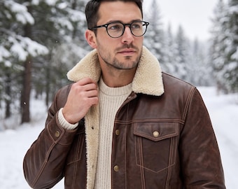 Braune Shearling-Lederjacke, Wintermantel mit Lammfellfutter, handgefertigter Truckermantel aus Lammleder, Weihnachtsgeschenk für ihn
