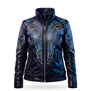 Può includere: Una giacca in pelle nera con colletto alto e chiusura frontale con zip. La parte anteriore e le maniche sono decorate con un motivo a circuito stampato blu e argento brillante che imita percorsi elettronici e nodi sul petto.
