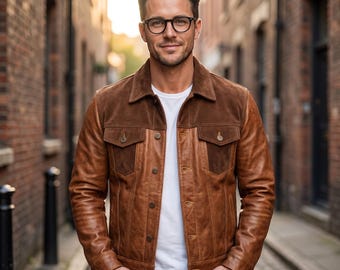 Herren-Truckerjacke aus cognacbraunem Leder, Vintage-Westernmantel mit Wildlederpasse, handgefertigtes Lammlederhemd mit Knöpfen, Weihnachtsgeschenk für ihn