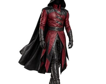 Herren-Ledermantel mit Kapuze und Cape, burgunderrotes und schwarzes mittelalterliches Kostüm, Gothic-LARP-Schurken-Outfit, Fantasy-Cosplay-Jacke, Schaffell-Staubmantel