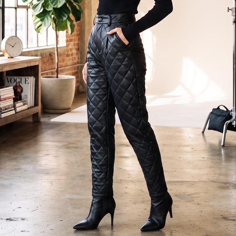 May include: High-waisted black trousers featuring a quilted diamond pattern throughout the fabric. The pants have a structured waistband with a single button closure, side pockets, and a tapered leg silhouette, paired with black pointed-toe boots.