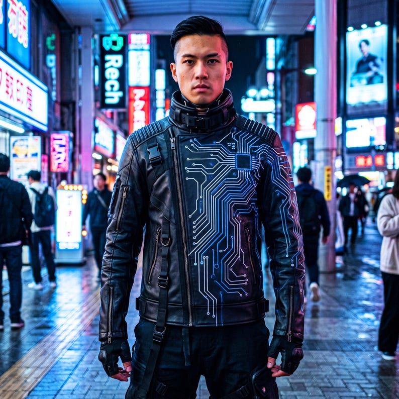 May include: A black leather jacket featuring a prominent blue and white circuit board graphic on the front left side, a high collar with a buckle, multiple zippered pockets, and adjustable straps, worn over dark pants with fingerless gloves.