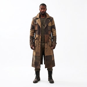 Distressed Patchwork Leather Trench Coat Men | Vintage Long Duster Jacket | Handmade Block Leather Coat | Rugged Gothic Coat | Gift For Him