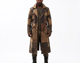 May include: A long, knee-length patchwork coat featuring various shades of brown and tan leather panels. The coat includes a wide collar, shoulder epaulets, two large front flap pockets, and a button-front closure, worn over a plain olive green shirt.