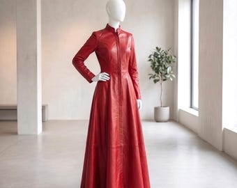Rotes Lederkleid für Damen, langes Maxikleid aus Leder, Stehkragen, ausgestellter Rock aus Schafleder, Weihnachtskleid, Geschenk für Sie