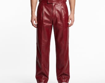 Rote Lederhose für Herren, burgunderrote Lederhose im Gurkha-Stil mit Bundfalten, seitliche Verstellmöglichkeiten, echtes Schafleder, Geschenkidee für ihn