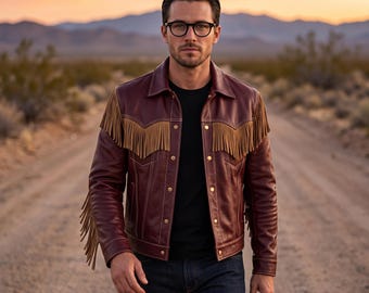 Western-Lederjacke mit Fransen für Herren, bordeauxroter Cowboy-Truckermantel mit Wildlederbesatz, handgefertigt aus Schafleder, Weihnachtsgeschenk für ihn