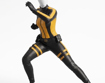 Schwarzer und gelber Leder-Overall für Damen, Catsuit aus echtem Schafleder, taktisches Cosplay-Kostüm, Biker-Anzug, Halloween-Kostüm