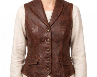 Braune Lederweste für Damen, Lederweste mit Schalkragen, taillierte Weste im Used-Look, Western-Steampunk-Kostüm im viktorianischen Stil, Schafleder