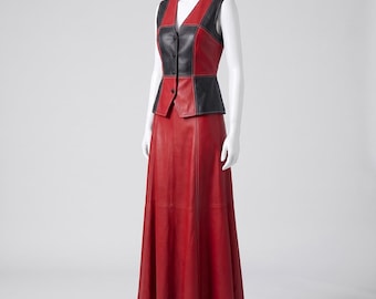 Lederweste und langer Rock in Rot und Schwarz, Patchwork-Leder-Zweiteiler, Cosplay-Kostüm, maßgeschneidertes Lederkleid, Geschenk für Sie