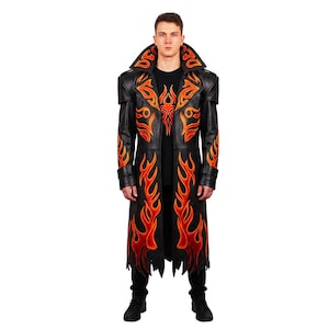 Flame Applique Sheep Leather Trench Coat Men, Handmade Patchwork Fire Design Leather Duster, Gothic Biker Coat, Halloween Costume Outerwear