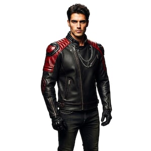 Chaqueta de moto de cuero negro y rojo para hombre / Chaqueta de motociclista de carreras con protecciones / Abrigo de cuero genuino estilo café racer con diseño de llamas tribales / Regalo para él