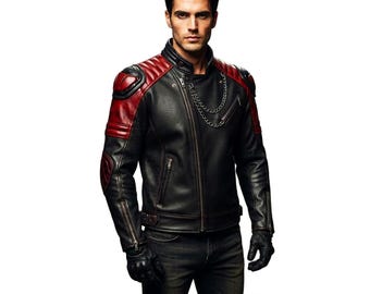 May include: A black and red motorcycle jacket featuring a diagonal front zipper, quilted shoulder and elbow padding, and a decorative silver chain detail across the chest. The jacket includes zippered pockets and is worn with black leather gloves.