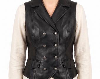 Schwarze Lederweste für Damen, zweireihige Lederweste, taillierte Weste mit Revers, Steampunk-Kostüm im viktorianischen Stil, Schafleder, Geschenk für Sie