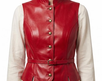 Rote Lederweste für Damen, Schnürkorsettweste mit Gürtel, Renaissance-Kostüm für Mittelaltermärkte, Cosplay- und LARP-Outfit, Schafleder
