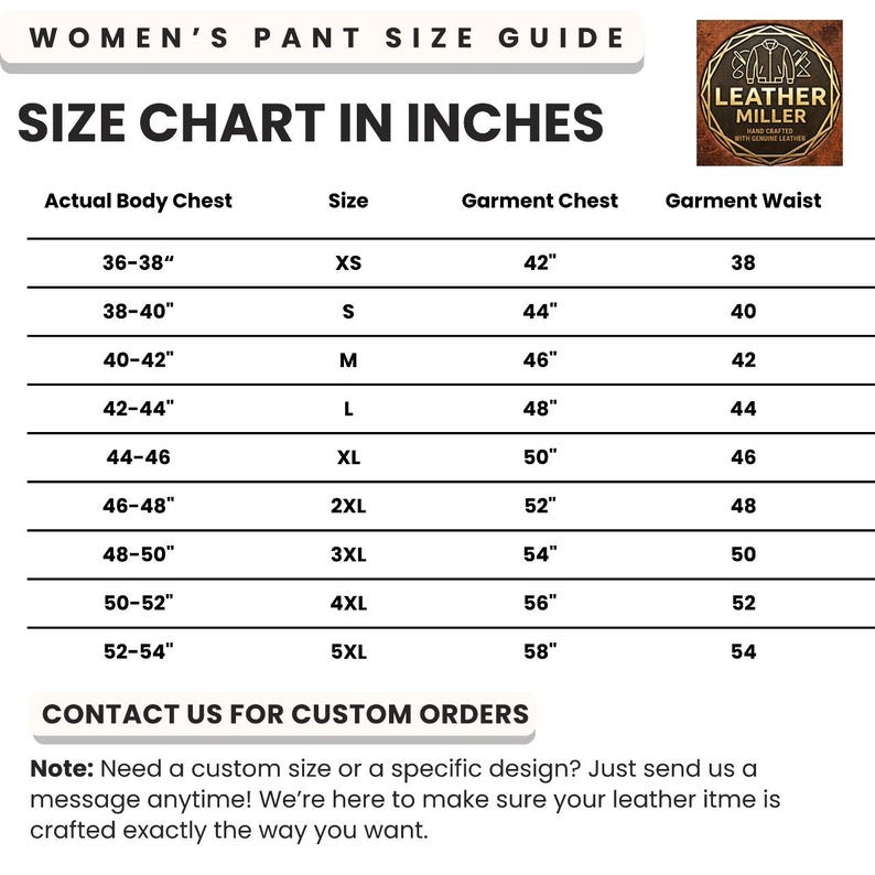 May include: A size chart for apparel titled WOMEN'S PANT SIZE GUIDE and SIZE CHART IN INCHES. It lists sizes from XS to 5XL with corresponding measurements in inches for Actual Body Chest, Garment Chest, and Garment Waist. Includes a Leather Miller logo.