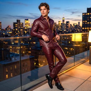 May include: A dark burgundy leather long-sleeve button-down shirt with a chest pocket and matching dark burgundy leather trousers. The outfit is paired with black leather boots, creating a coordinated ensemble with a smooth, polished finish.