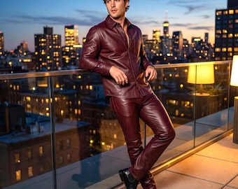 Leather Miller Herren-Lederanzug, burgunderrot, aus echtem Lammleder, zweiteilig, maßgeschneidert für ihn