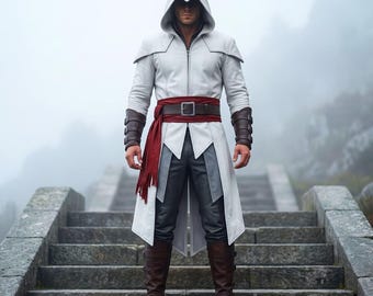 Weißer Ninja-Ledermantel mit Kapuze für Herren, langer Trenchcoat aus echtem Leder mit roter Schärpe, Gürtel und Lederarmschienen, mittelalterliches Cosplay-Kostüm, XS-5XL