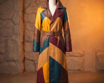 Mehrfarbige Patchwork-Damenjacke aus Schafleder | Vintage-Trenchcoat mit Gürtel | Handgefertigter, taillierter Mantel im Color-Blocking-Stil | Geschenkidee für Sie