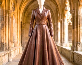 Handgefertigtes Mantelkleid aus braunem Schafleder | Trenchcoat mit Gürtel und Knopfleiste | Langer viktorianischer Staubmantel | Maßgefertigtes Lederkleid für Damen