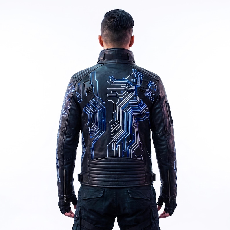 May include: A black leather jacket featuring a vibrant blue and white circuit board pattern printed across the back and sleeves. The jacket includes a high collar, ribbed shoulder and lower back panels, and black plastic buckle strap details.