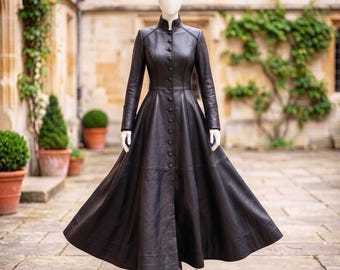 Langer schwarzer Ledermantel für Damen, Gothic-Viktorianischer Steampunk-Trenchcoat, Korsettrücken-Mantel, Wintermantel aus echtem Leder, Geschenk für Sie