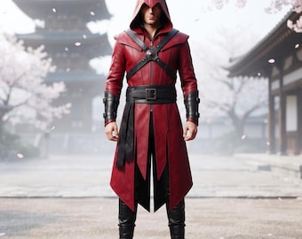 Roter Ledermantel mit Kapuze für Herren, Assassinen-Kostüm, Trenchcoat aus Schafleder, Schärpe und Armschienen, Mittelalter-LARP-Cosplay, Halloween-Kostüm, XS-5XL