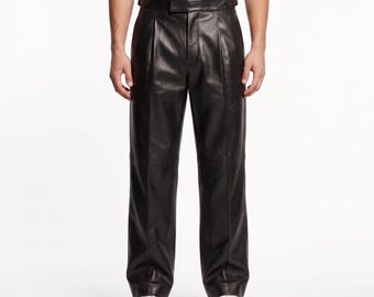Schwarze Herren-Lederhose, echtes Lammleder, plissiert, Business-Stil mit weitem Bein, Gurkha-Hosen mit hohem Bund, individuelle Passform, Geschenk für Ihn