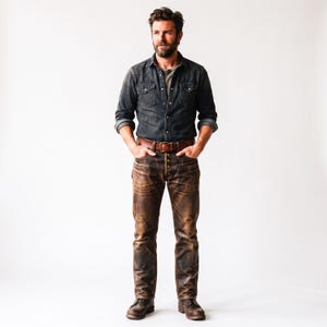May include: A dark charcoal denim button-down shirt with two chest pockets, worn over a grey t-shirt. The outfit includes brown distressed leather pants with a button fly and a brown leather belt, paired with brown leather boots.