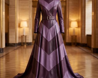 Lila Lederkleid für Damen, maßgeschneidertes langes Lederkleid im Gothic-Chevron-Stil mit Schleppe, individuell angefertigt, Geschenk für Sie