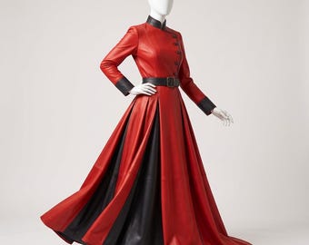 Rotes Lederkleid für Damen, zweifarbiges rotes und schwarzes langes Maxikleid aus Leder, Stehkragen, aus Schafleder, Weihnachtsfeier, Geschenk für Sie