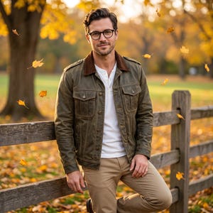 May include: An olive green waxed canvas jacket with a brown corduroy collar, worn over a white henley shirt and khaki trousers. The jacket features two chest pockets with button flaps, a button-front closure, and shoulder epaulets for a structured look.