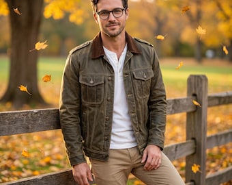 Olivgrüne Wachslederjacke für Herren, Truckerjacke mit Cordkragen, Vintage-Optik aus Schafleder, ideales Weihnachtsgeschenk für ihn