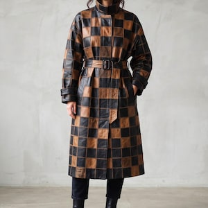 Handmade Sheep Leather Checkered Coat | Black Brown Patchwork Long Coat for Women | Belted Leather Overcoat | Special Gift For Her