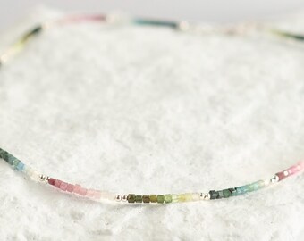 Square Tourmaline Ombre Necklace, Sterling Silver, Multi-Colour Gemstone Choker