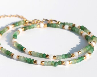 Natural Emerald Beaded Necklace, 2mm Rough Emerald Rondelle Choker, White Moonstone Layering Strand, 14k Gold Filled, May Birthstone
