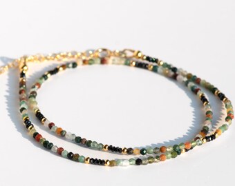 Multi-Colour Moss Agate Layering Necklace, Faceted Black Spinel Stacking Choker, Sunlit Timber Earthy Gemstone Strand, 14k Gold Filled Clasp