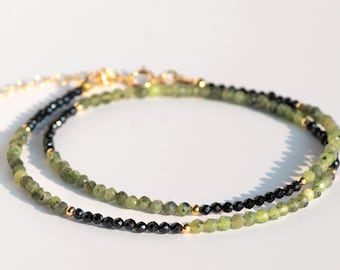 BC Canadian Jade Beaded Necklace, Faceted Black Spinel, Color Blocked Choker, Minimalist Deep Green Layering Strand, 14k Gold Filled Beads