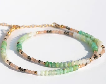 Peruvian Green Opal Ombre Layering Necklace, Peach Moonstone & Bronze Hematite, Mint Green Color Blocked Beaded Choker, 14k Gold Filled