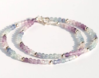 Rhythm & Wave Ombre Fluorite Necklace, Layering Strand, Gemstone Stacking Necklace, Sterling Silver, 16inch