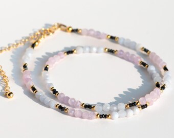 Layering Necklace, Lilac Lepidolite, Blue Lace Agate, Black Spinel, 14k Gold Filled Beads