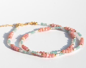 Pastel Coral Reef Beaded Necklace, Swirled Rhodochrosite Faceted Rondelles, Luminous Moonstone and Bright Blue Amazonite, 14k Gold Filled