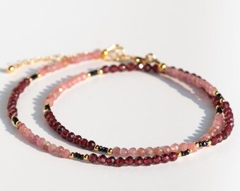 Crimson Garnet Centerpiece Necklace, Black Spinel Faceted Stacking Choker, Raspberry Pink Tourmaline Layering Chain, 14k Gold Filled